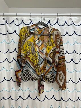 Fashion Nova Yellow Multi-Print Tie-Front Blouse